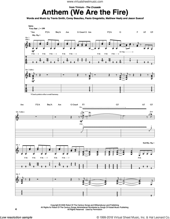 Anthem (We Are The Fire) sheet music for guitar (tablature) by Trivium, Corey Beaulieu, Jason Suecof, Matthew Heafy, Paolo Gregoletto and Travis Smith, intermediate skill level