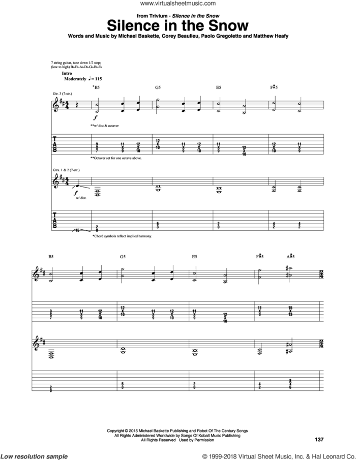Silence In The Snow sheet music for guitar (tablature) by Trivium, Corey Beaulieu, Matthew Heafy, Michael Baskette and Paolo Gregoletto, intermediate skill level