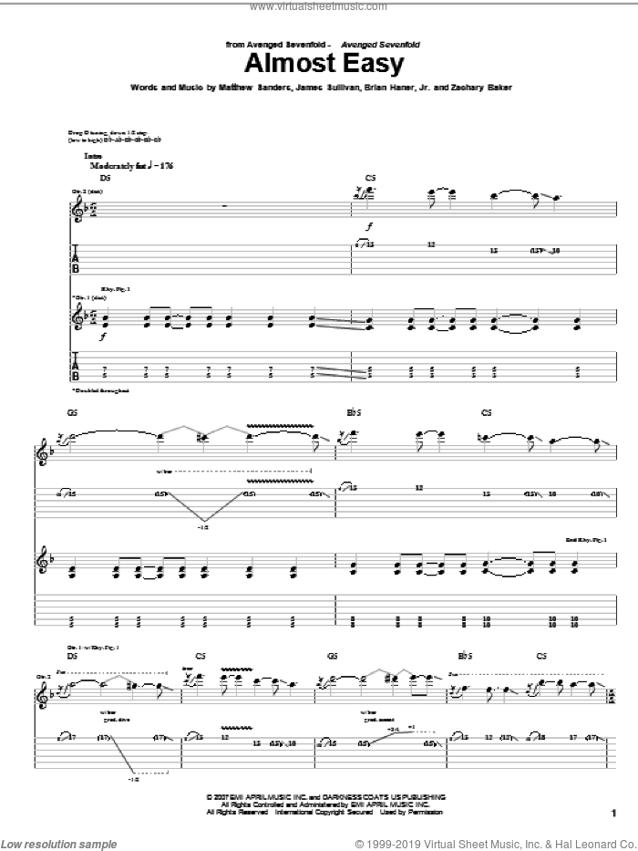Almost Easy sheet music for guitar (tablature) by Avenged Sevenfold, Brian Haner, Jr., James Sullivan, Matthew Sanders and Zachary Baker, intermediate skill level