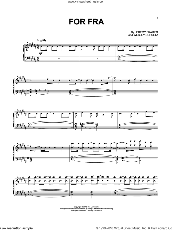 For Fra sheet music for piano solo by The Lumineers, Jeremy Fraites and Wesley Schultz, intermediate skill level