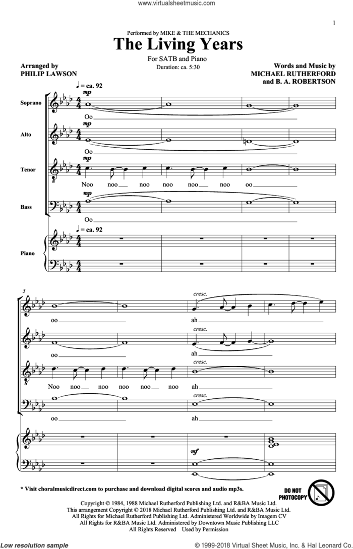 The Living Years (arr. Philip Lawson) sheet music for choir (SATB: soprano, alto, tenor, bass) by Mike and The Mechanics, Philip Lawson, B.A. Robertson and Michael Rutherford, intermediate skill level
