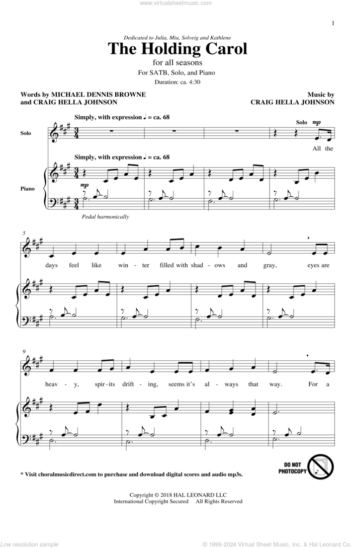 The Holding Carol sheet music for choir (SATB: soprano, alto, tenor, bass) by Craig Hella Johnson and Michael Dennis Browne, intermediate skill level