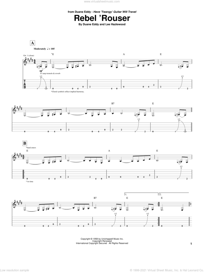 Rebel 'Rouser sheet music for guitar (tablature) by Duane Eddy and Lee Hazlewood, intermediate skill level