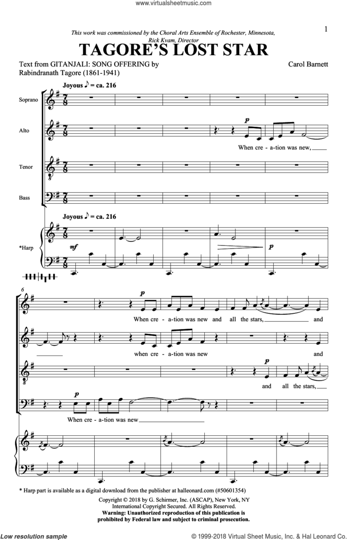 Tagore's Lost Star sheet music for choir (SATB: soprano, alto, tenor, bass) by Rabindranath Tagore and Carol Barnett, intermediate skill level