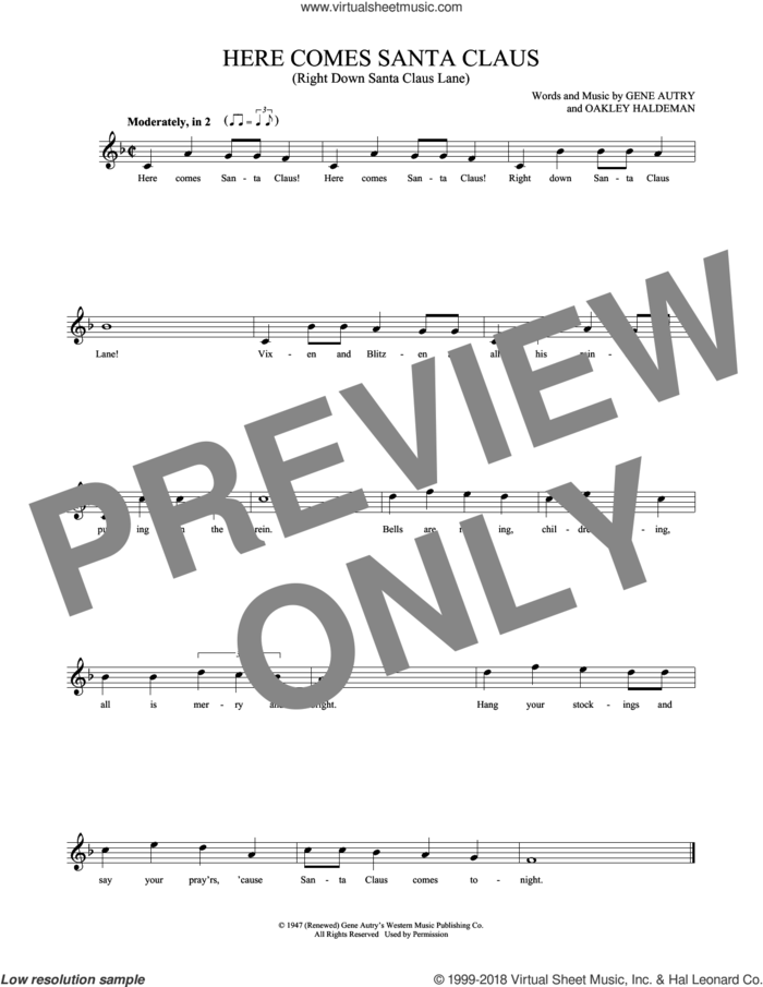 Here Comes Santa Claus (Right Down Santa Claus Lane) sheet music for ocarina solo by Gene Autry and Oakley Haldeman, intermediate skill level