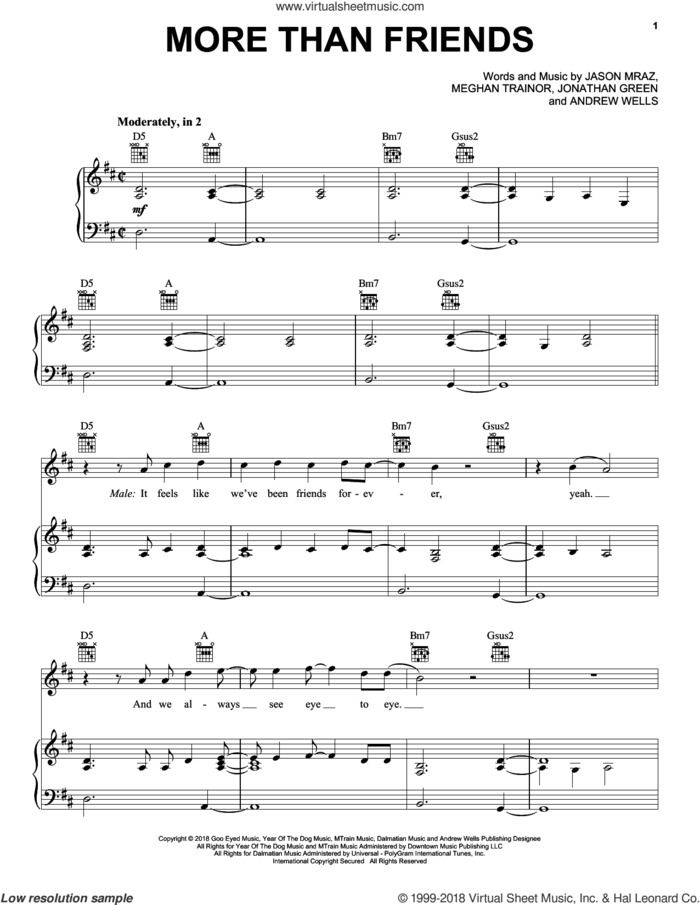 More Than Friends (feat. Meghan Trainor) sheet music for voice, piano or guitar by Jason Mraz, Andrew Wells and Meghan Trainor, intermediate skill level