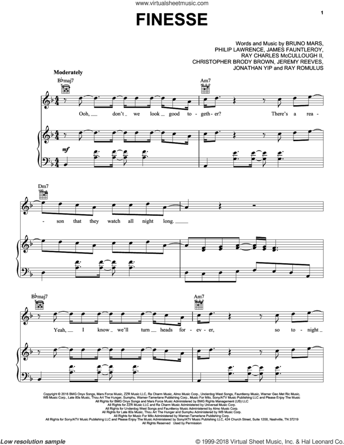 Finesse sheet music for voice, piano or guitar by Pentatonix, Bruno Mars, Christopher Brody Brown, James Fauntleroy, Jeremy Reeves, Jonathan Yip, Philip Lawrence, Ray Charles McCullough II and Ray Romulus, intermediate skill level
