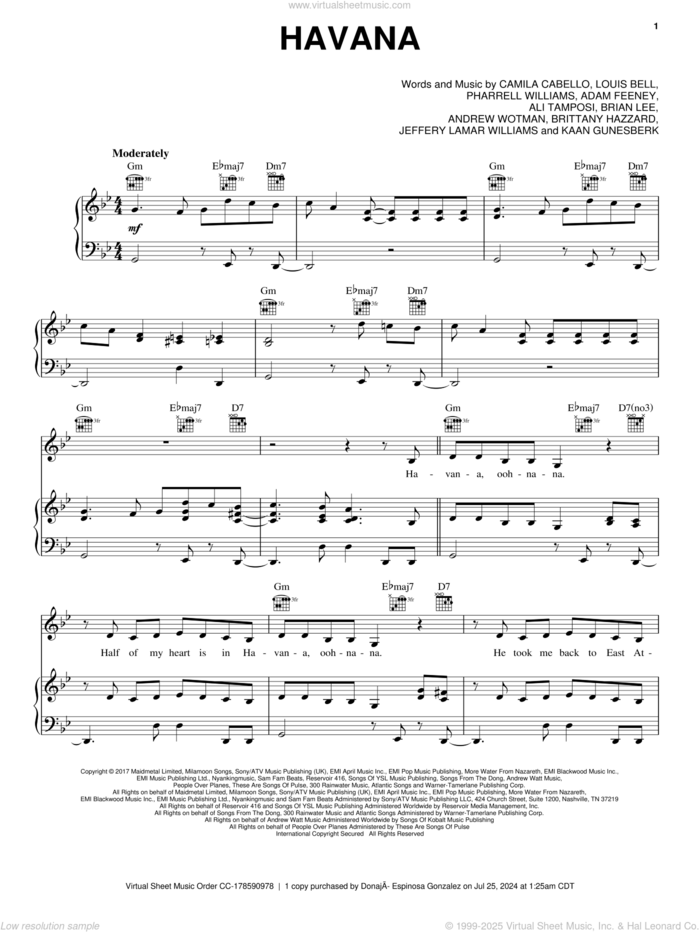 Havana sheet music for voice, piano or guitar by Pentatonix, Camila Cabello feat. Young Thug, Adam Feeney, Ali Tamposi, Andrew Wotman, Brian Lee, Brittany Hazzard, Camila Cabello, Jeffery Lamar Williams, Kaan Gunesberk, Louis Bell and Pharrell Williams, intermediate skill level