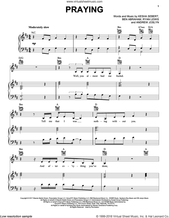 Praying sheet music for voice, piano or guitar by Pentatonix, Kesha, Andrew Joslyn, Ben Abraham, Kesha Sebert and Ryan Lewis, intermediate skill level