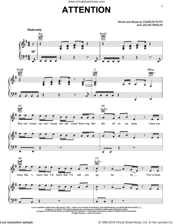 Attention sheet music for voice, piano or guitar by Pentatonix, Charlie Puth and Jacob Kasher Hindlin, intermediate skill level
