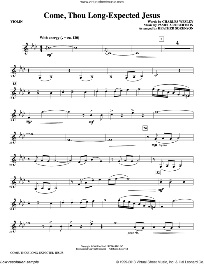 Come, Thou Long-Expected Jesus (arr. Heather Sorenson) sheet music for orchestra/band (violin) by Charles Wesley, Heather Sorenson and Pamela Robertson, intermediate skill level
