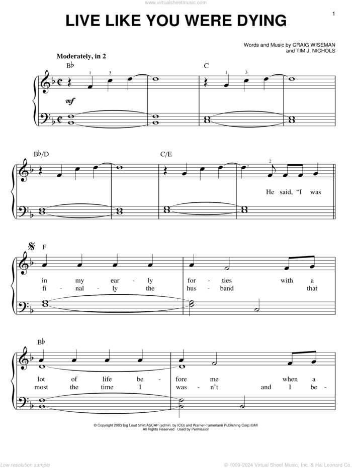 Live Like You Were Dying sheet music for piano solo by Tim McGraw, Craig Wiseman and Tim Nichols, easy skill level