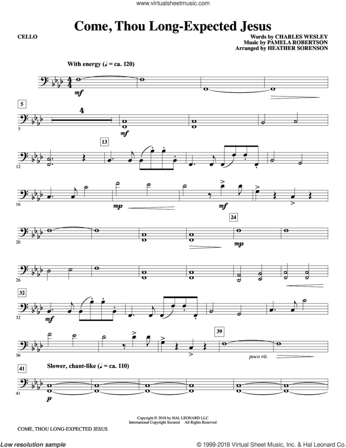 Come, Thou Long-Expected Jesus (arr. Heather Sorenson) sheet music for orchestra/band (cello) by Charles Wesley, Heather Sorenson and Pamela Robertson, intermediate skill level