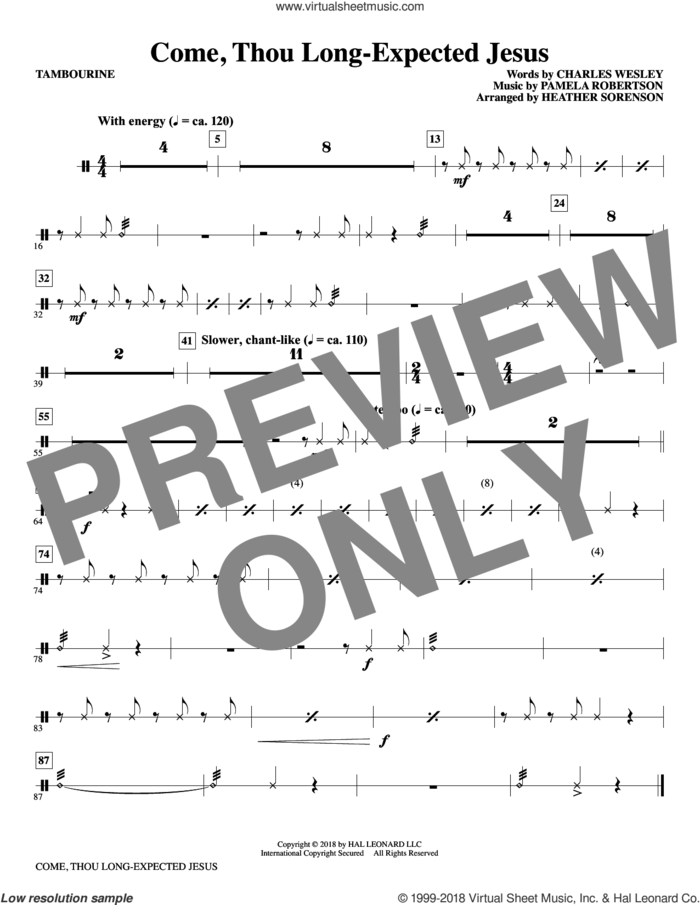 Come, Thou Long-Expected Jesus (arr. Heather Sorenson) sheet music for orchestra/band (tambourine) by Charles Wesley, Heather Sorenson and Pamela Robertson, intermediate skill level