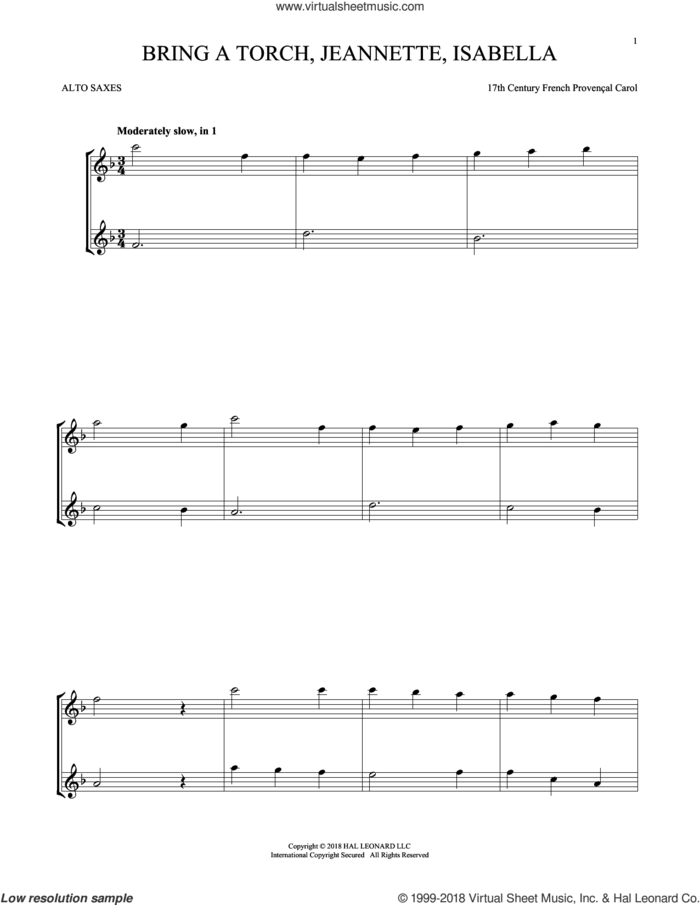 Bring A Torch, Jeannette, Isabella sheet music for two alto saxophones (duets) by Anonymous and Miscellaneous, intermediate skill level