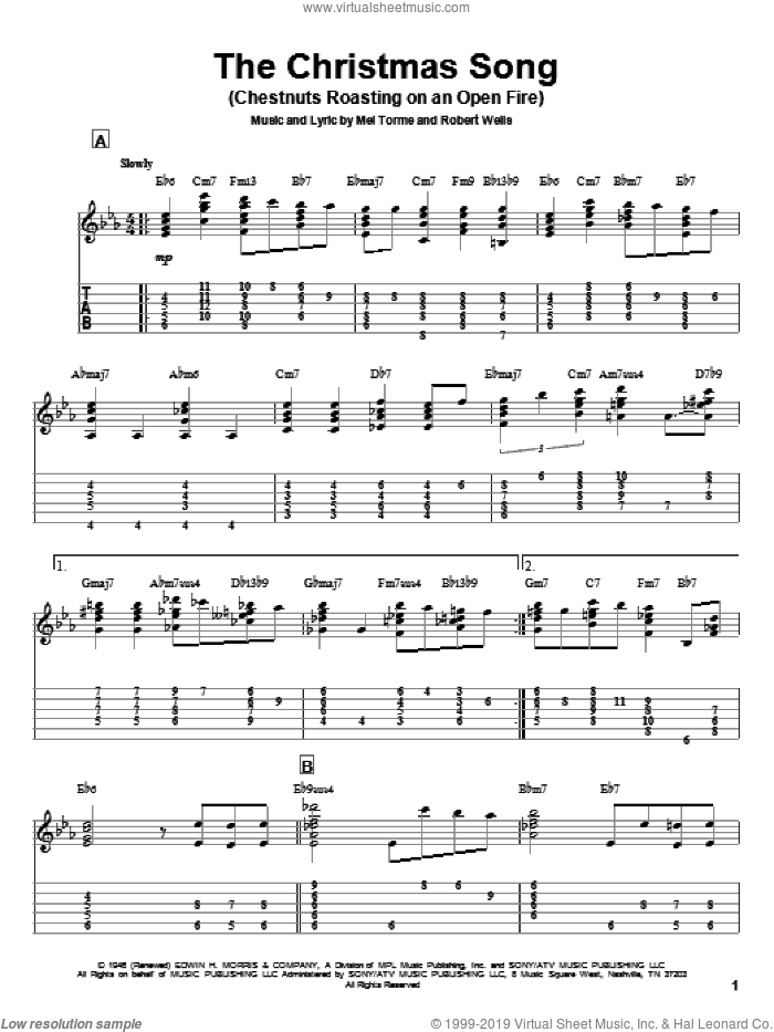 The Christmas Song (Chestnuts Roasting On An Open Fire) sheet music for guitar (tablature) by Mel Torme, Jeff Arnold and Robert Wells, intermediate skill level