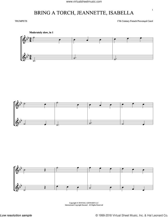 Bring A Torch, Jeannette, Isabella sheet music for two trumpets (duet, duets) by Anonymous and Miscellaneous, intermediate skill level
