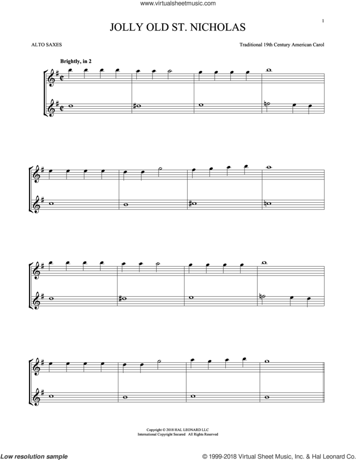 Jolly Old St. Nicholas sheet music for two alto saxophones (duets) by Anonymous and Miscellaneous, intermediate skill level