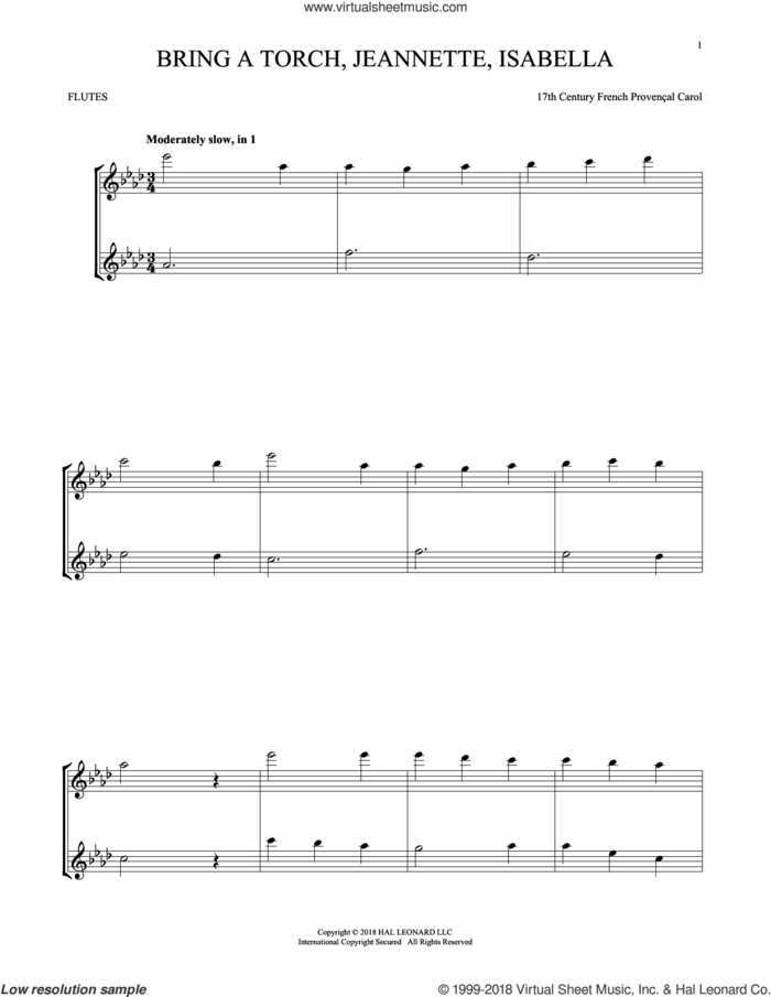 Bring A Torch, Jeannette, Isabella sheet music for two flutes (duets) by Anonymous and Miscellaneous, intermediate skill level