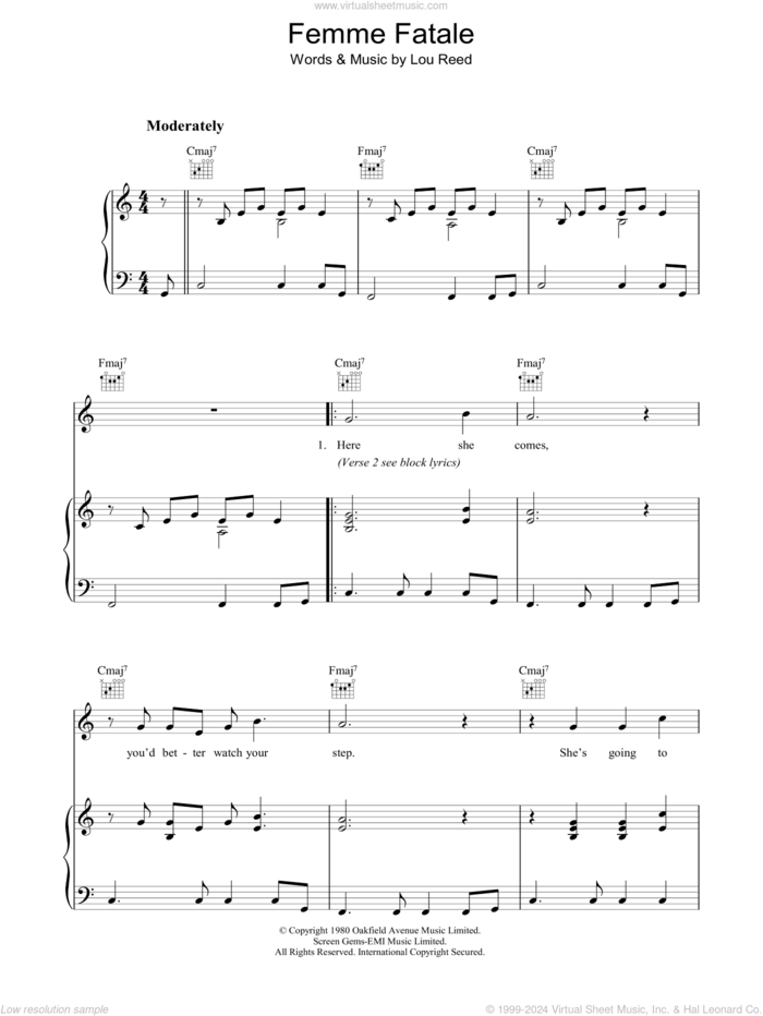 Femme Fatale sheet music for voice, piano or guitar by Lou Reed, intermediate skill level