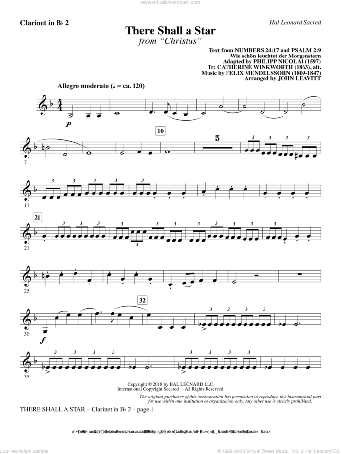 There Shall a Star (arr. John Leavitt) sheet music for orchestra/band (Bb clarinet 2) by Felix Mendelssohn-Bartholdy and John Leavitt, intermediate skill level