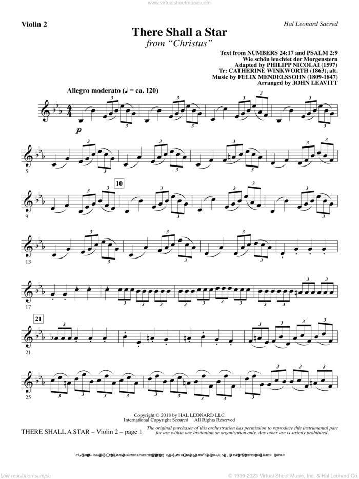 There Shall a Star (arr. John Leavitt) sheet music for orchestra/band (violin 2) by Felix Mendelssohn-Bartholdy and John Leavitt, intermediate skill level