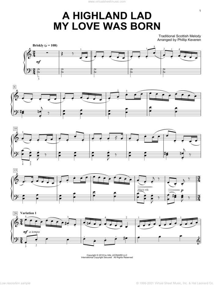 A Highland Lad My Love Was Born [Classical version] (arr. Phillip Keveren) sheet music for piano solo by Robert Burns and Phillip Keveren, intermediate skill level