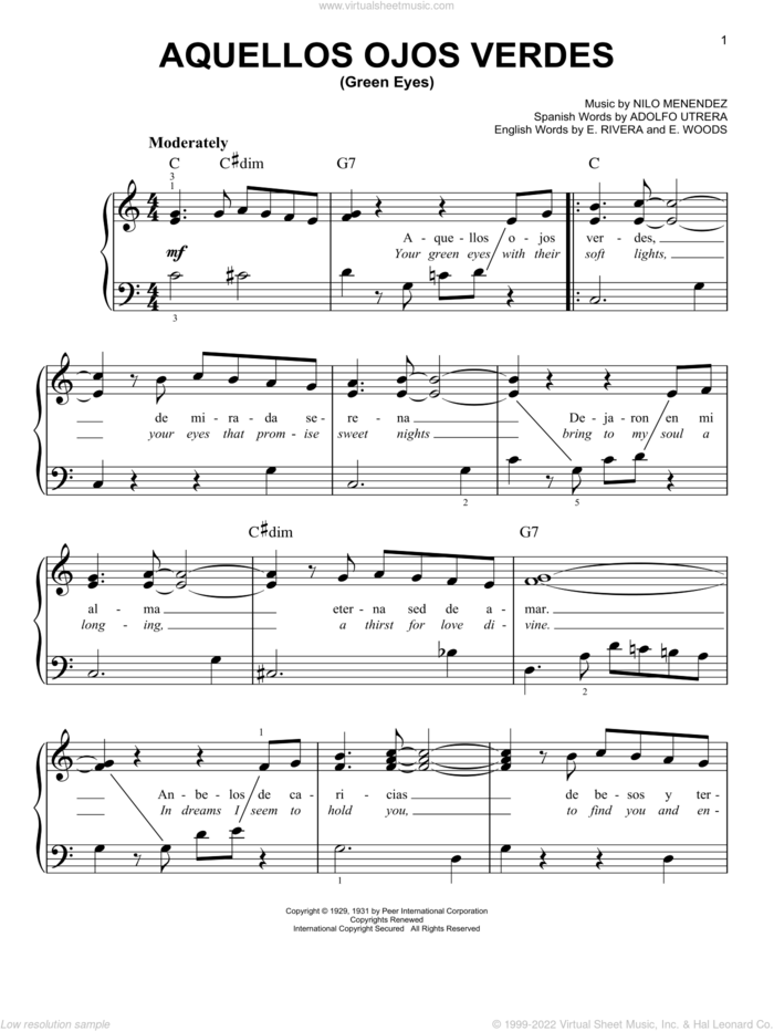 Aquellos Ojos Verdes (Green Eyes), (easy) sheet music for piano solo by Nilo Menendez, Adolfo Utrera, E. Rivera and E. Woods, easy skill level