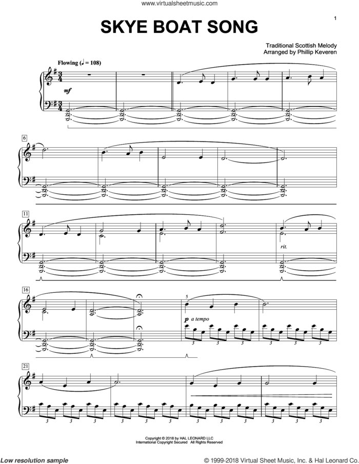 Skye Boat Song [Classical version] (arr. Phillip Keveren) sheet music for piano solo by Robert Louis Stevenson, Phillip Keveren and Miscellaneous, intermediate skill level
