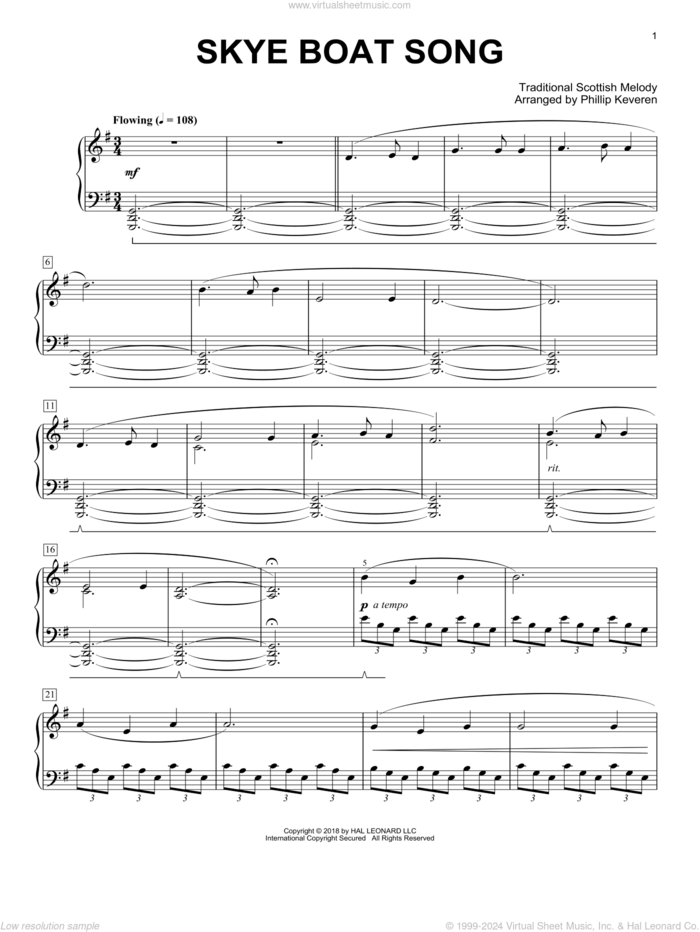 Skye Boat Song [Classical version] (arr. Phillip Keveren) sheet music for piano solo by Robert Louis Stevenson, Phillip Keveren and Miscellaneous, intermediate skill level