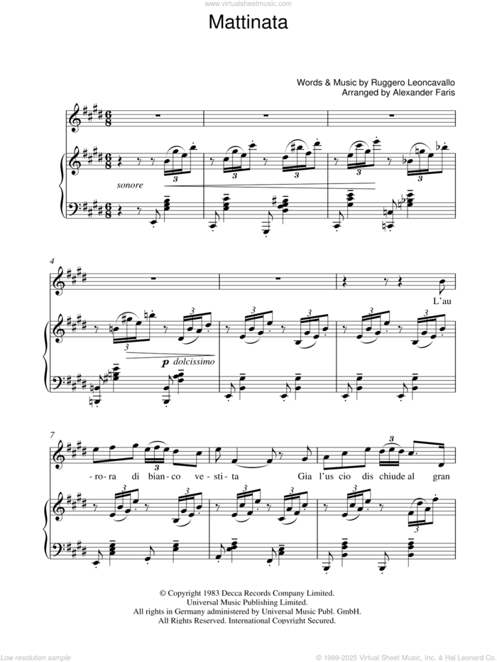 Mattinata sheet music for voice, piano or guitar by Luciano Pavarotti, Alexander Faris and Ruggero Leoncavallo, classical score, intermediate skill level