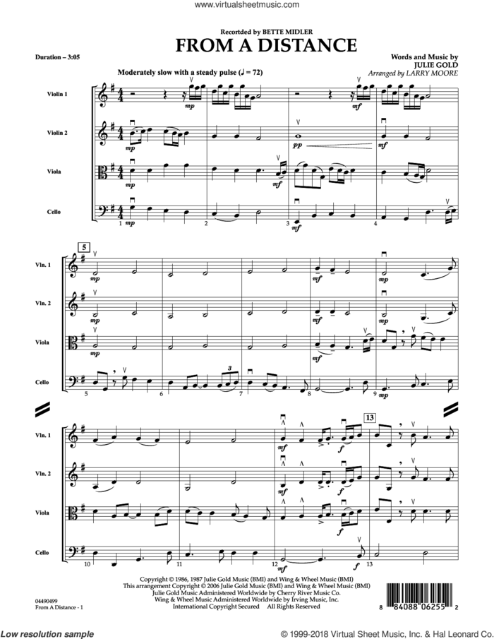 From a Distance (arr. Larry Moore) (COMPLETE) sheet music for string quartet (Strings) by Larry Moore, Bette Midler and Julie Gold, intermediate orchestra
