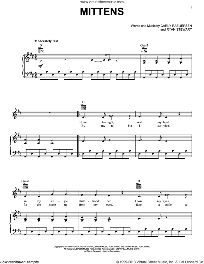 Mittens sheet music for voice, piano or guitar by Carly Rae Jepsen and Ryan Stewart, intermediate skill level