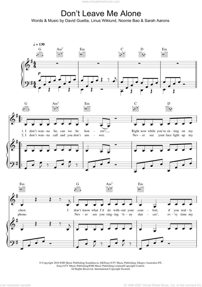 Don't Leave Me Alone (featuring Anne-Marie) sheet music for voice, piano or guitar by David Guetta, Anne-Marie, Linus Wiklund, Noonie Bao and Sarah Aarons, intermediate skill level