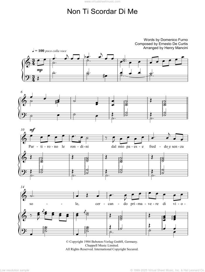 Non Ti Scordar Di Me sheet music for voice, piano or guitar by Luciano Pavarotti, Henry Mancini, Ernesto De Curtis and Domenico Furno, classical score, intermediate skill level