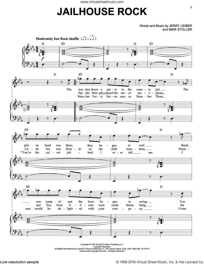 Jailhouse Rock sheet music for voice and piano by Elvis Presley, Jerry Leiber and Mike Stoller, intermediate skill level