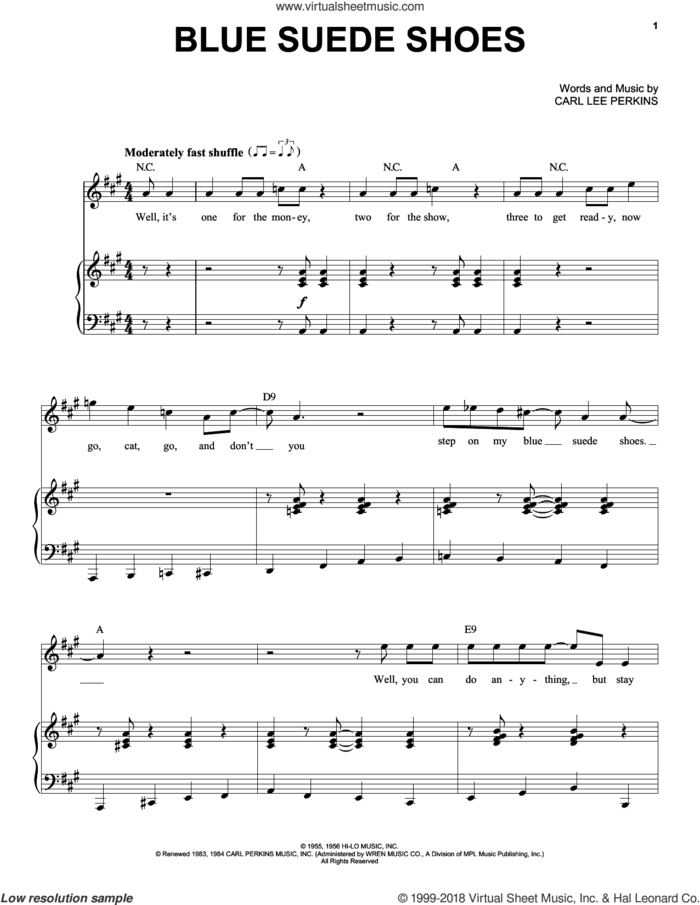 Blue Suede Shoes sheet music for voice and piano by Elvis Presley, intermediate skill level