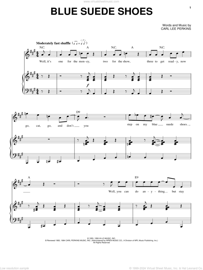 Blue Suede Shoes sheet music for voice and piano by Elvis Presley, intermediate skill level