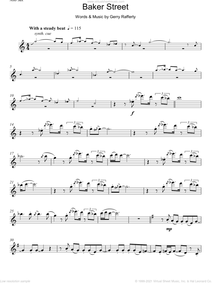 Baker Street sheet music for alto saxophone solo by Gerry Rafferty, advanced skill level