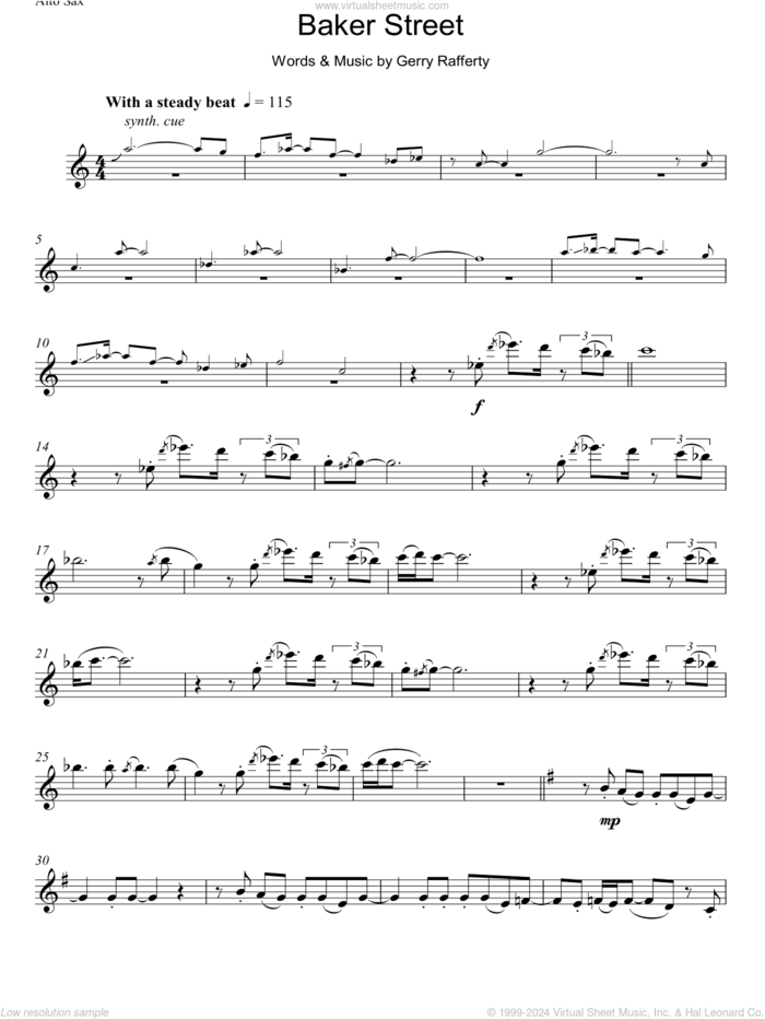 Baker Street, (advanced) sheet music for alto saxophone solo by Gerry Rafferty, advanced skill level