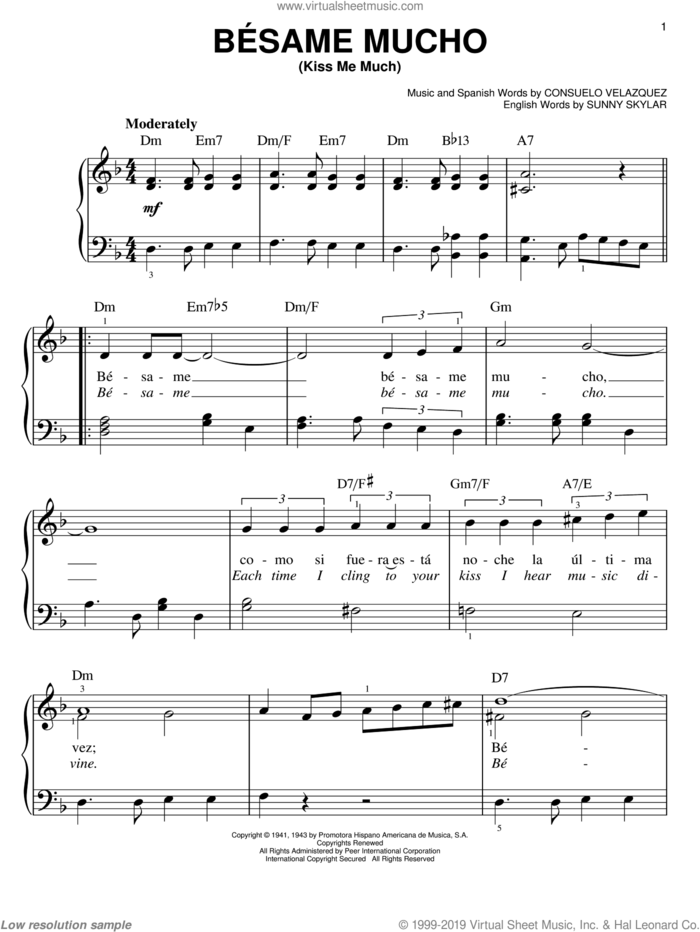 Besame Mucho (Kiss Me Much) sheet music for piano solo by Consuelo Velazquez and Sunny Skylar, easy skill level