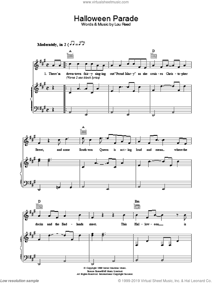 Halloween Parade sheet music for voice, piano or guitar by Lou Reed, intermediate skill level