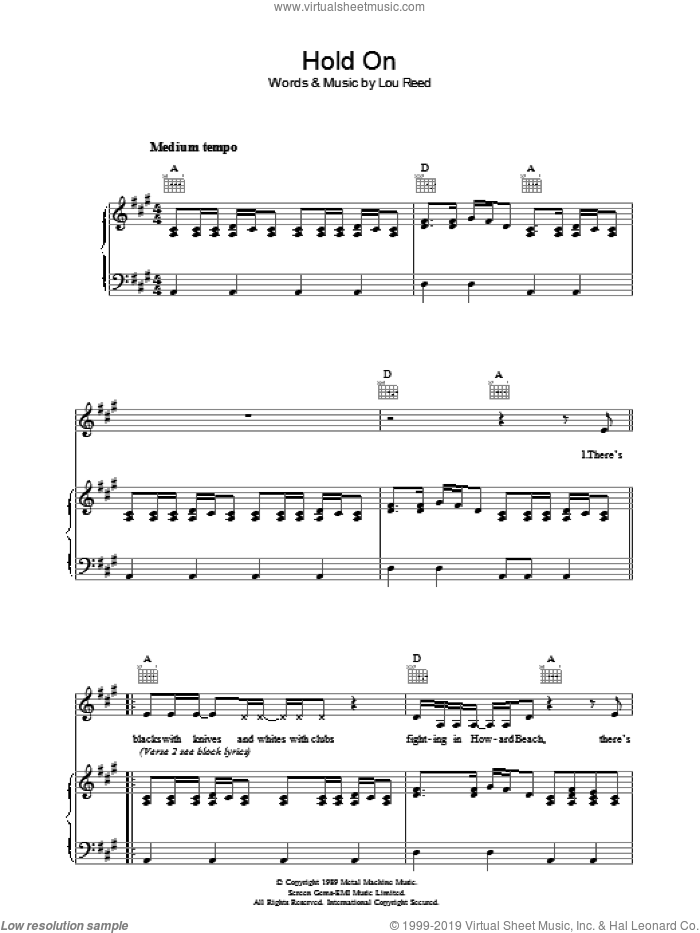 Hold On sheet music for voice, piano or guitar by Lou Reed, intermediate skill level