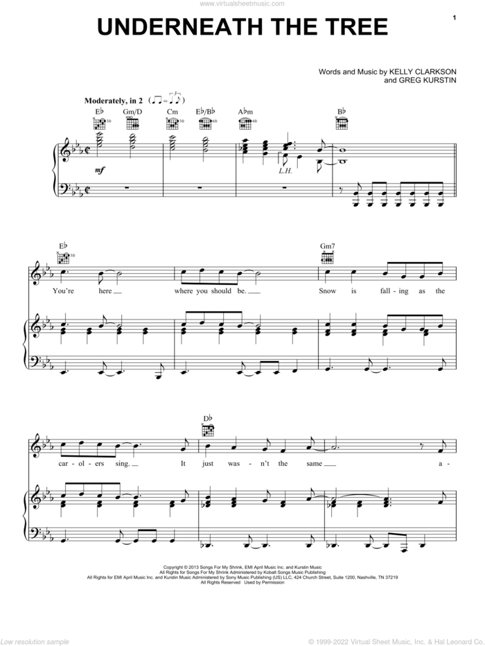 Underneath The Tree sheet music for voice, piano or guitar by Kelly Clarkson and Greg Kurstin, intermediate skill level