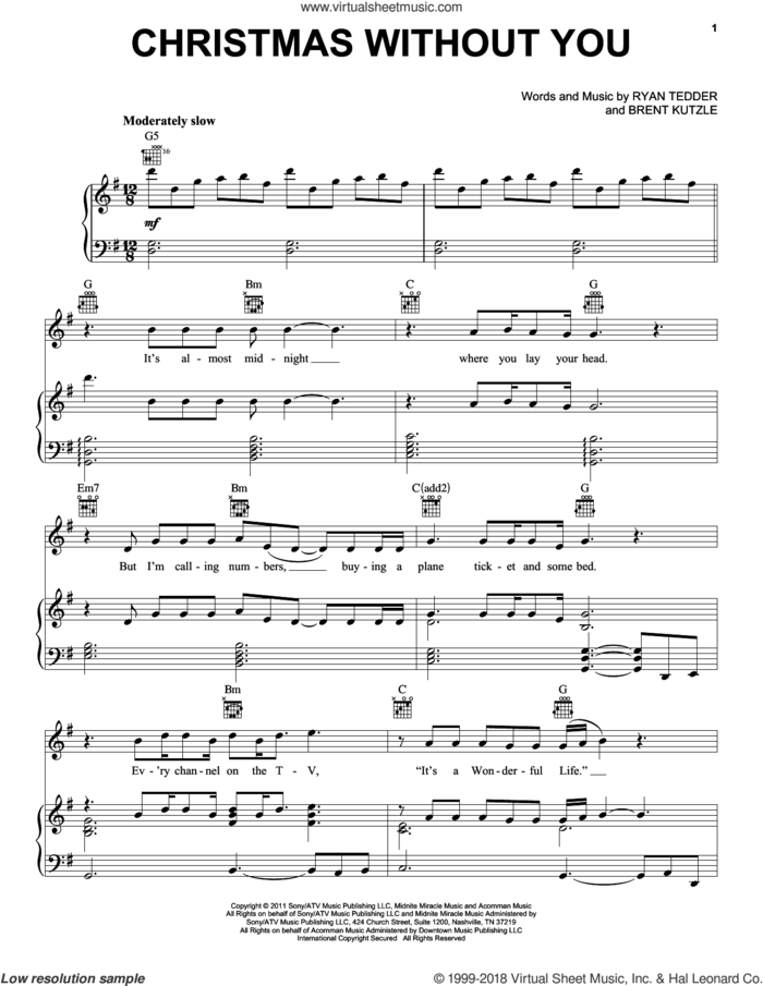 Christmas Without You sheet music for voice, piano or guitar by Tedder, OneRepublic and Kutzle, intermediate skill level