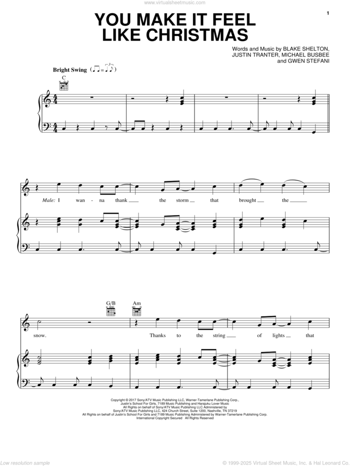 You Make It Feel Like Christmas (feat. Blake Shelton) sheet music for voice, piano or guitar by Gwen Stefani, Blake Shelton, Justin Tranter and Michael Busbee, intermediate skill level