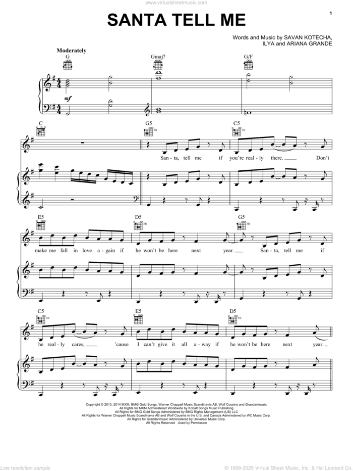 Santa Tell Me sheet music for voice, piano or guitar by Ariana Grande, Ilya and Savan Kotecha, intermediate skill level