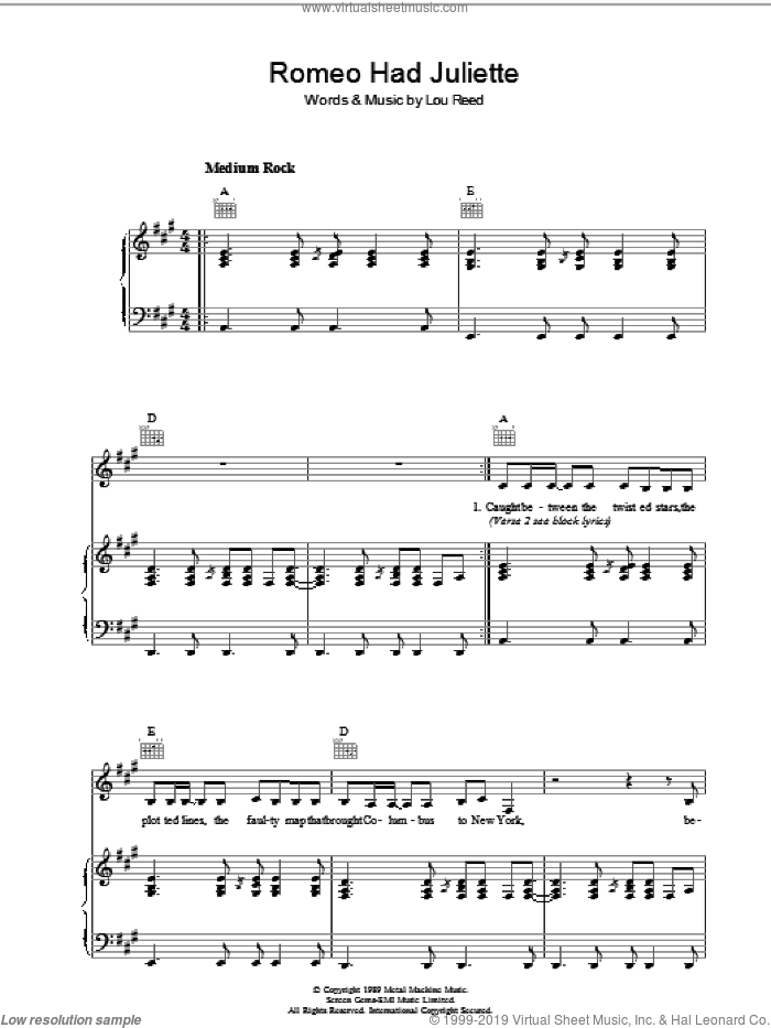 Romeo Had Juliette sheet music for voice, piano or guitar by Lou Reed, intermediate skill level