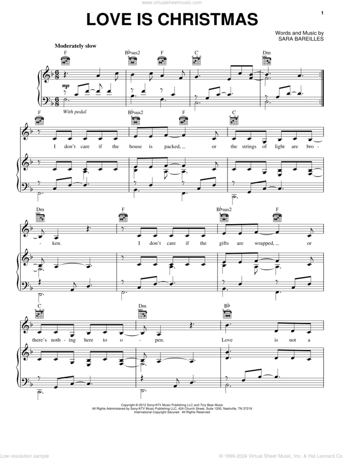 Love Is Christmas sheet music for voice, piano or guitar by Sara Bareilles, intermediate skill level