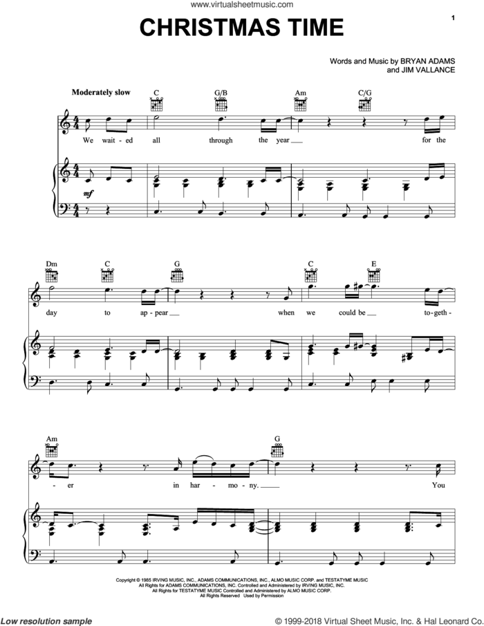 Christmas Time sheet music for voice, piano or guitar by Bryan Adams and Jim Vallance, intermediate skill level